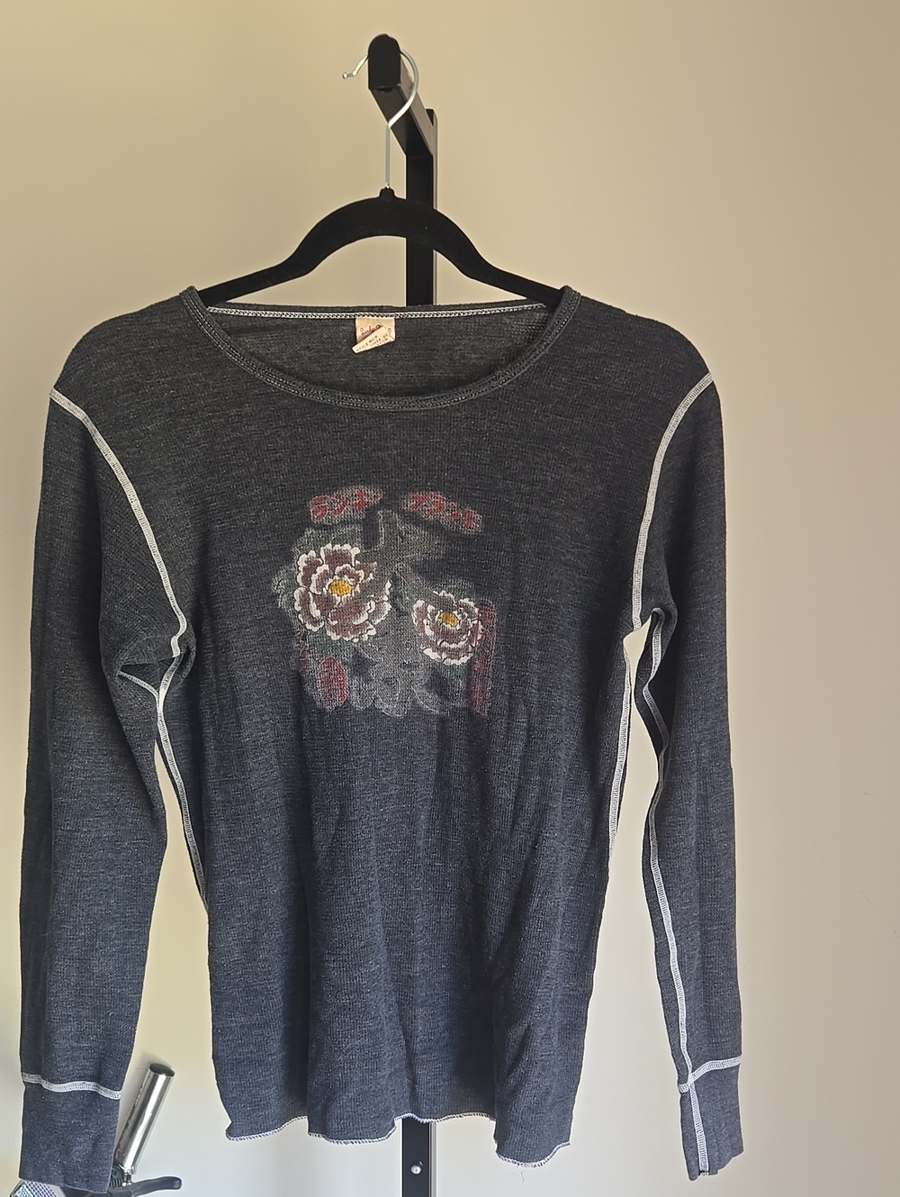 Y2K Lucky Brand Dark Gray Floral Japanese Graphic Long Sleeve Thermal Size:M